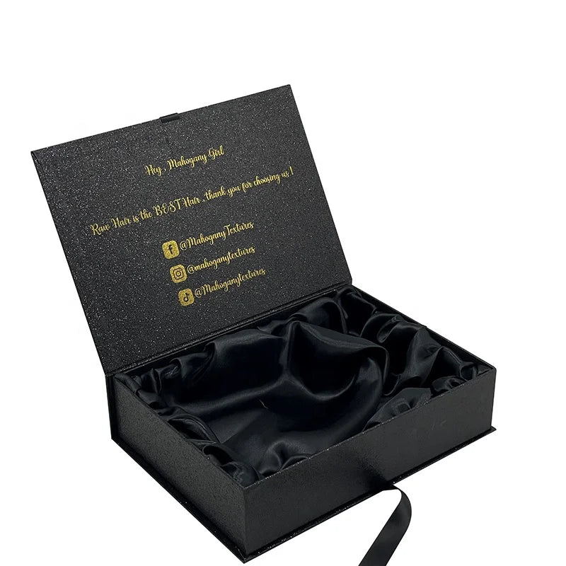 500pcs Luxury Black Wigs Box with Satin Insert Custom Human Hair Accessories Packaging Magnetic Lid  Beauty Box with Ribbon wj75