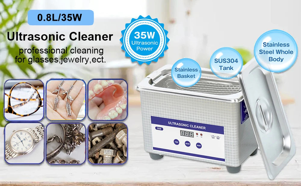 Ultrasonic Jewelry and Glasses Cleaner 40KHZ High Frequency Washing Bath with Powerful 35W Transducer for Deep Cleaning