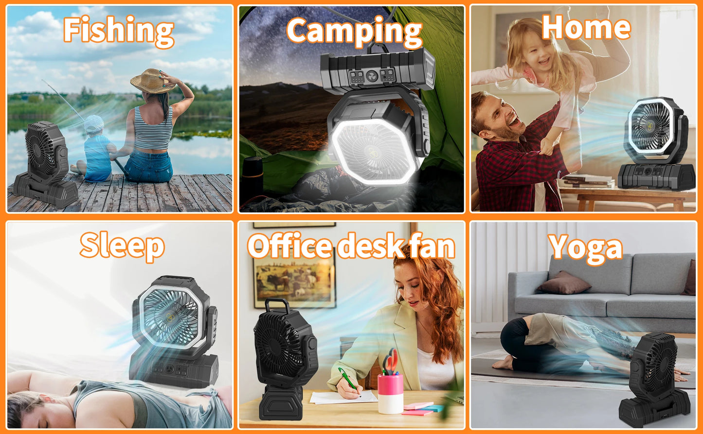 20,000mAh Camping Fan with LED Light – Wireless Rechargeable Outdoor Air Circulator with Hanging Hook