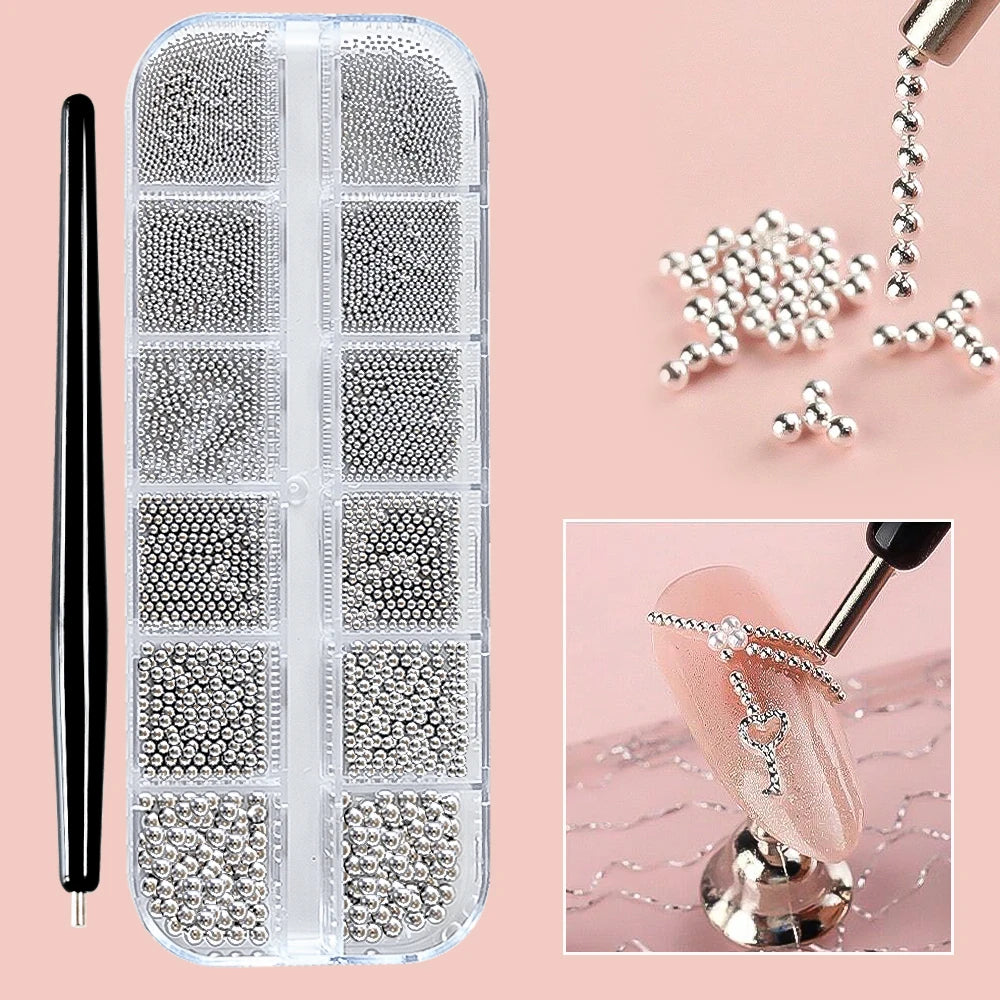 12 Grids Mini Caviar Beads Nail Art Charms 3D Metal Gold Silver Steel Ball (0.4mm-1.5mm) Nail Parts With Magnetic Pen Nail Decor