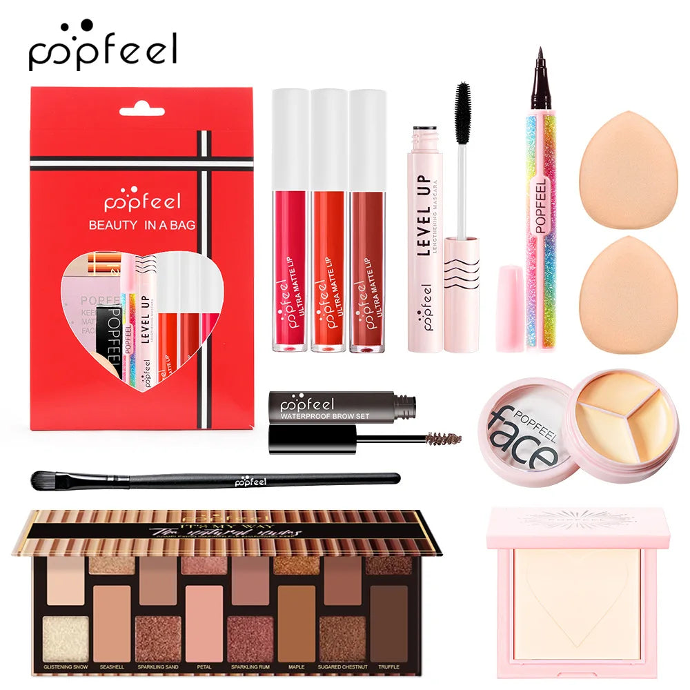 Popfeel All in One Makeup Kit Gift Set with Eyeshadow Palette Foundation Lip Gloss Blush Brushes and Eyeliner Essential Beauty Collection