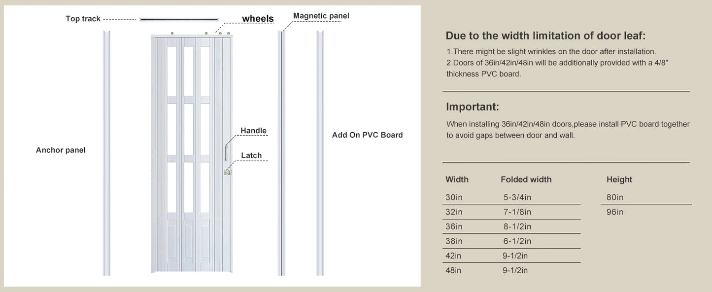 Accordion Door with Clear Panels, Interior Folding Door Includes Hardware and Lock, White Multifold Interior Doors