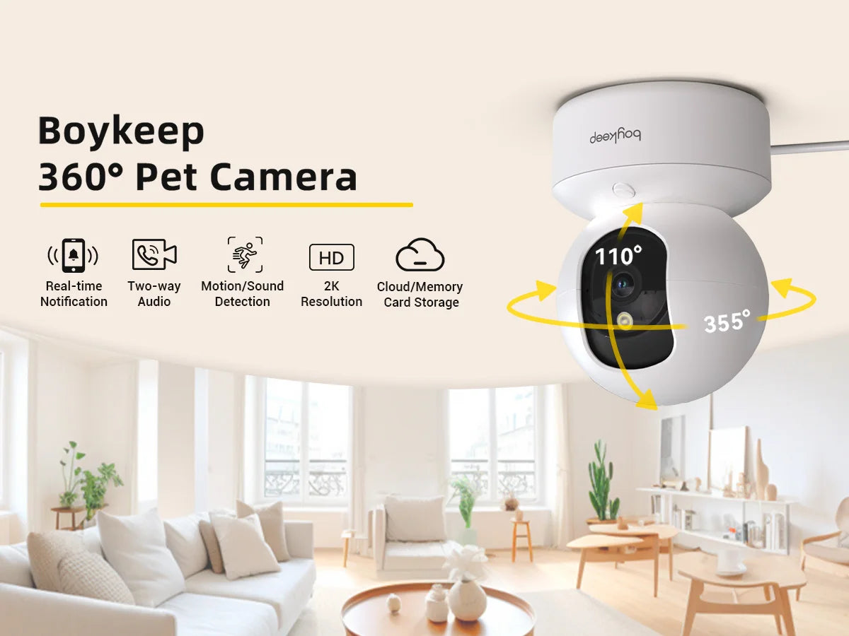 Boykeep 2K Pet Camera with Phone App Indoor Security Camera 5G 2.4GHz WiFi 360 Degree Pan and Tilt Two Way Audio Night Vision