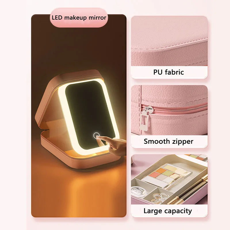 LED Makeup Bag With Mirror And Light Portable Cosmetic Storage For Women Small Lipstick And Brush Organizer