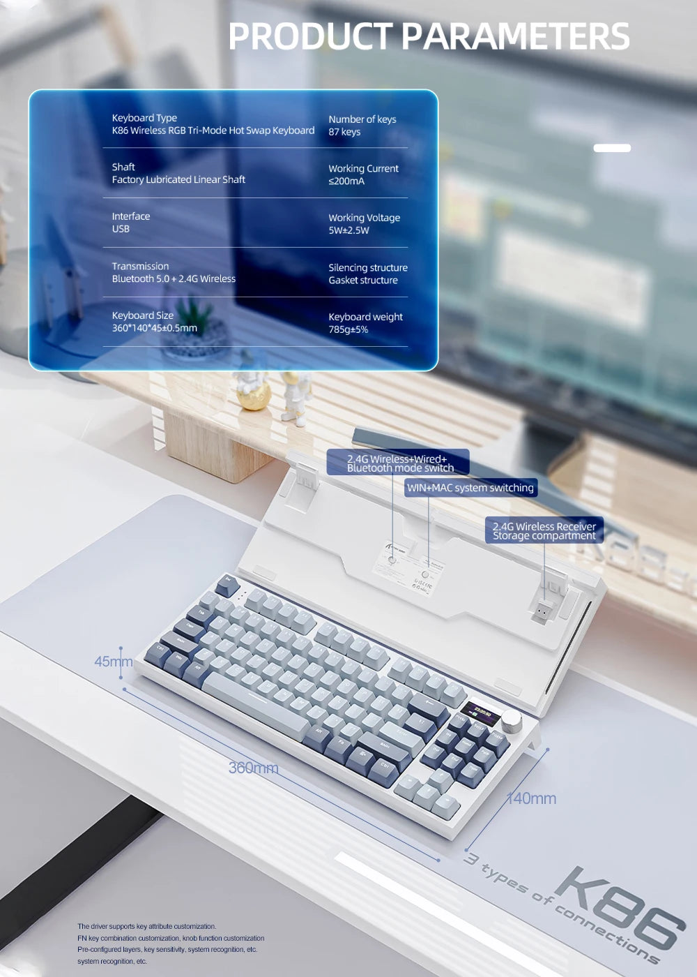 Teclado mecánico inalámbrico intercambiable en caliente K86 con Bluetooth/2,4 g, pantalla y botón giratorio de volumen para juegos y trabajo