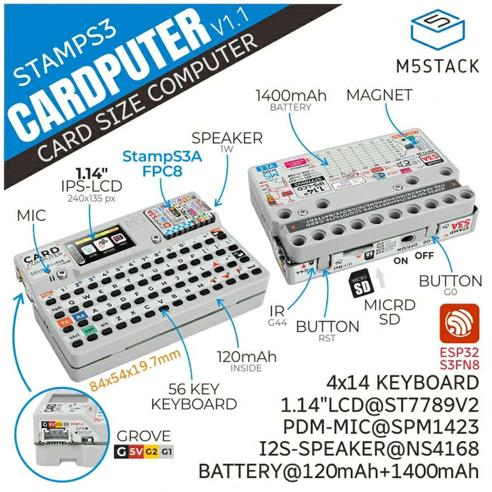 M5Stack Cardputer V1.1 StampS3A Development Board Portable ESP32-S3 Computer with 1.14 Inch Screen and 56 Key Keyboard