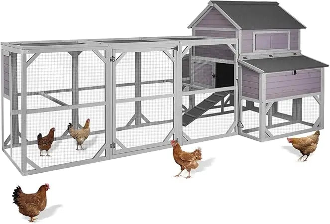 Large Chicken Coop with Run - Wooden Hen House with 6 Nesting Boxes and Removable Tray, 41.3ft² Poultry Pet Hutch Run Cage with