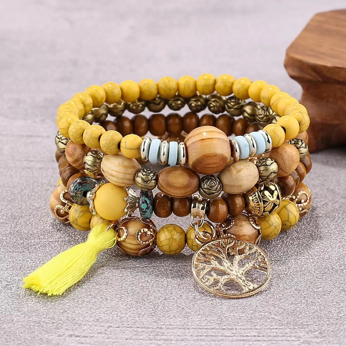 Bohemian Bracelet Creative Ladies Tree of Life Tassel Multi-layer Wooden Beaded Ethnic Style Fashion Women Bracelets Jewelry