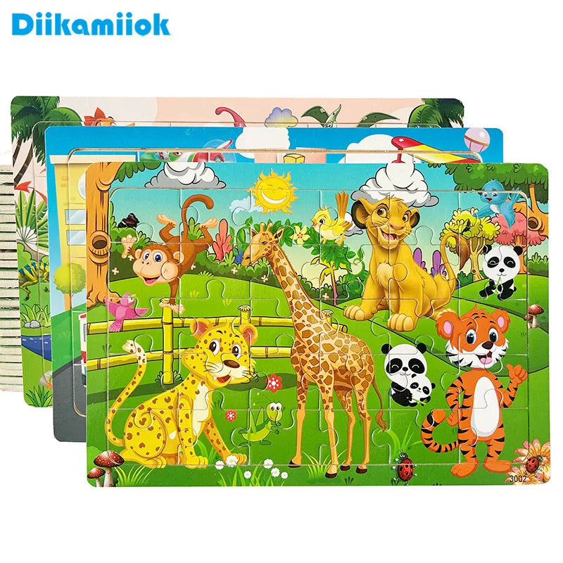 30 Pieces Wooden Jigsaw Puzzle for Kids Animal Vehicle Educational Toys