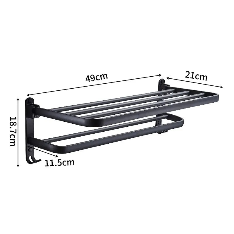 Toallero plegable de aluminio para pared, con gancho, color negro mate, 50 cm