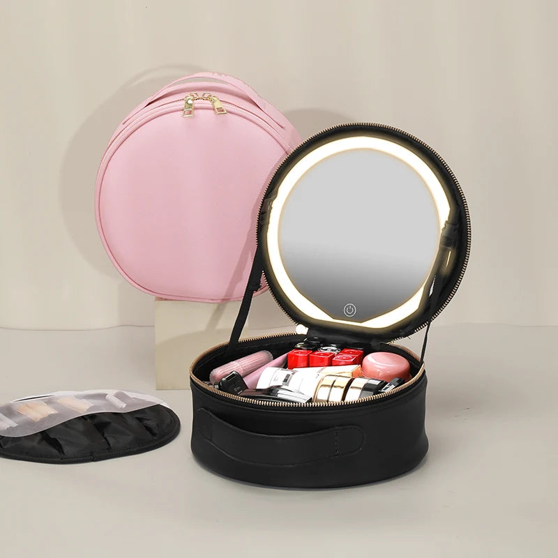 Travel PU Makeup Bag with LED Mirror and Light Portable Cosmetic Organizer for On-the-Go Beauty