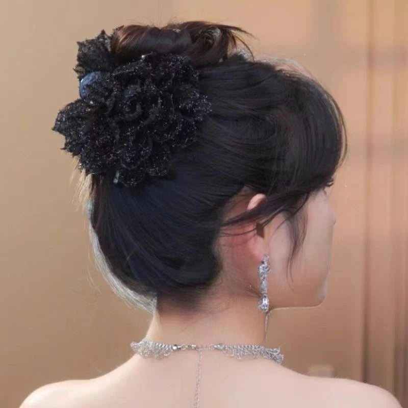 1Pcs Black Mesh Flower Hair Clip Women Shark Ponytail Clip Headdress Temperament Flower Hair Claw Headwear Hair Accessories