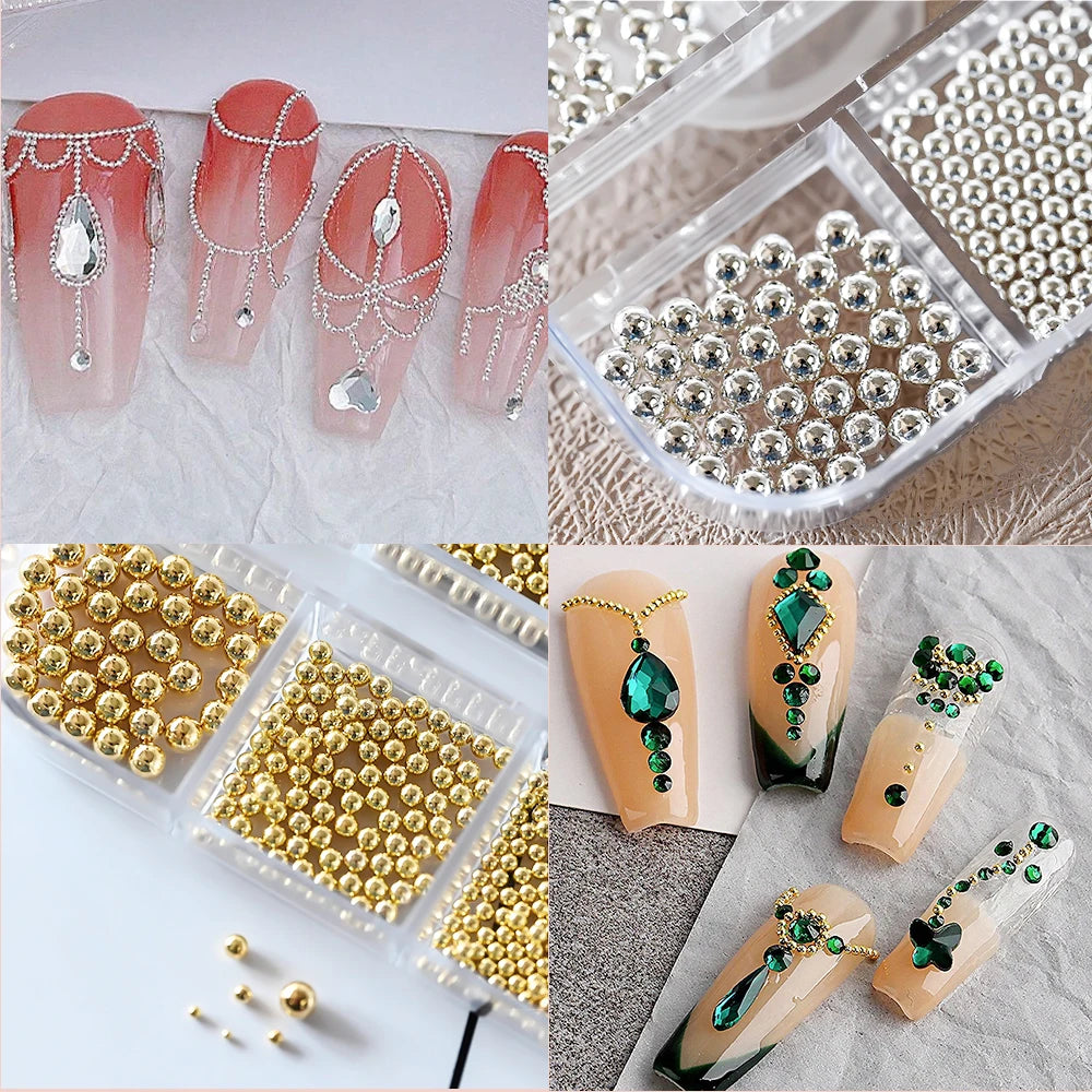 12 Grids Mini Caviar Beads Nail Art Charms 3D Metal Gold Silver Steel Ball (0.4mm-1.5mm) Nail Parts With Magnetic Pen Nail Decor