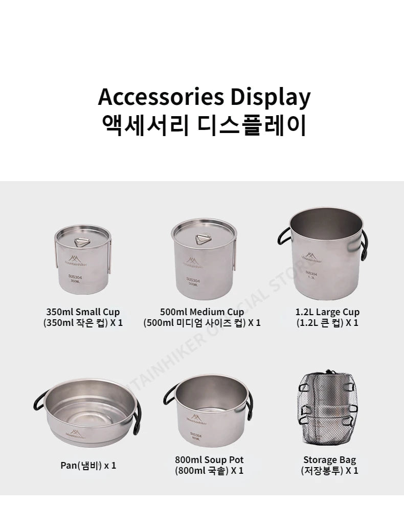 MountainHiker 5 Piece Camping Cookware Set 304 Stainless Steel Portable Outdoor Cooking Kit for Hiking BBQ and Picnic