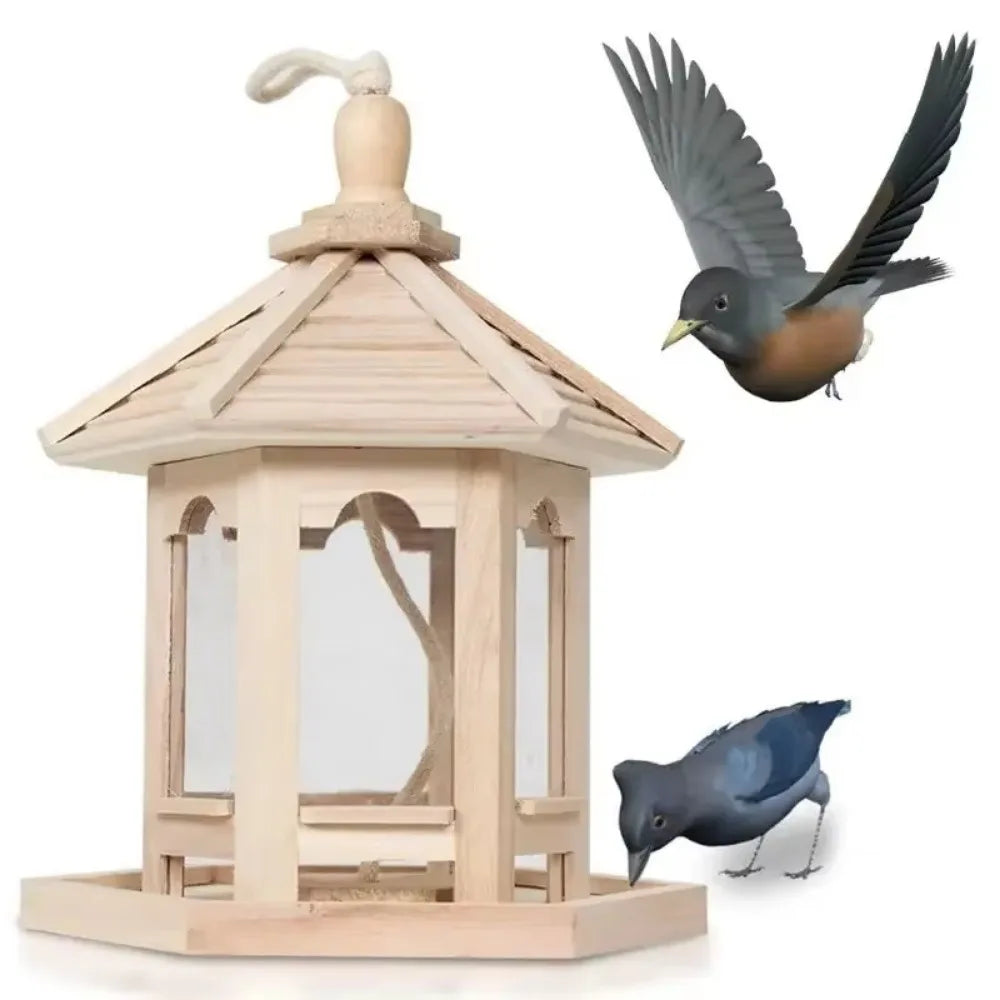 Durable House Shape Bird Feeder House Hanging Wooden Pet Feeder Box Bird Food Dispenser Balcony