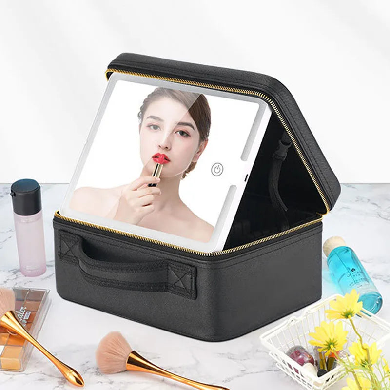Smart LED Travel Makeup Case with Mirror Large Capacity Organizer for Women and Beauticians