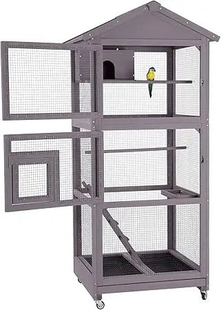 Bird Cage Outdoor Wooden Aviary Indoor, 70" H Large Parrot Cage with 4 Casters, Flight Bird Cages for Parrot Lovebirds Finches(
