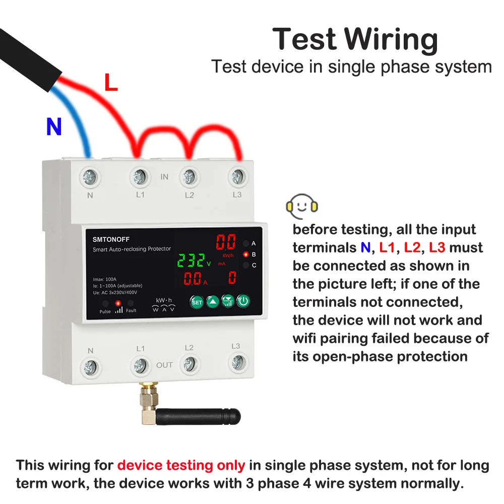 Tuya WiFi Three Phase 4P 100A Auto-Reclosing Over Under Voltage Protector Prepaid Meter Timer Switch Voice Remote Control