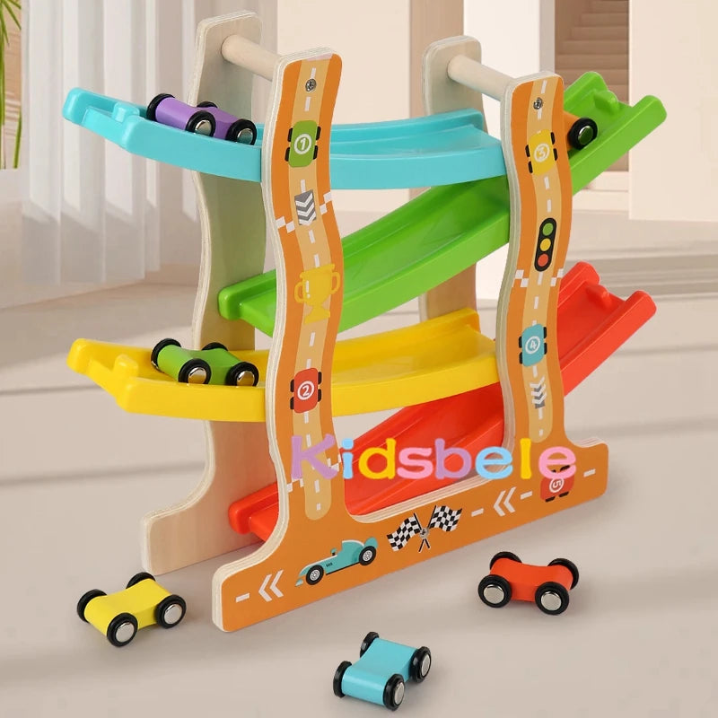 Kids Four-Layer Wooden Gliders Montessori Inertia Track Car Toy Set Animal and Traffic Themes Early Learning Birthday Gift