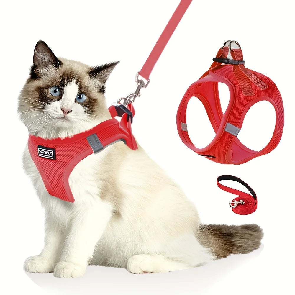 Adjustable cat harness with reflective tape, soft and breathable vest, suitable for walking and preventing escape
