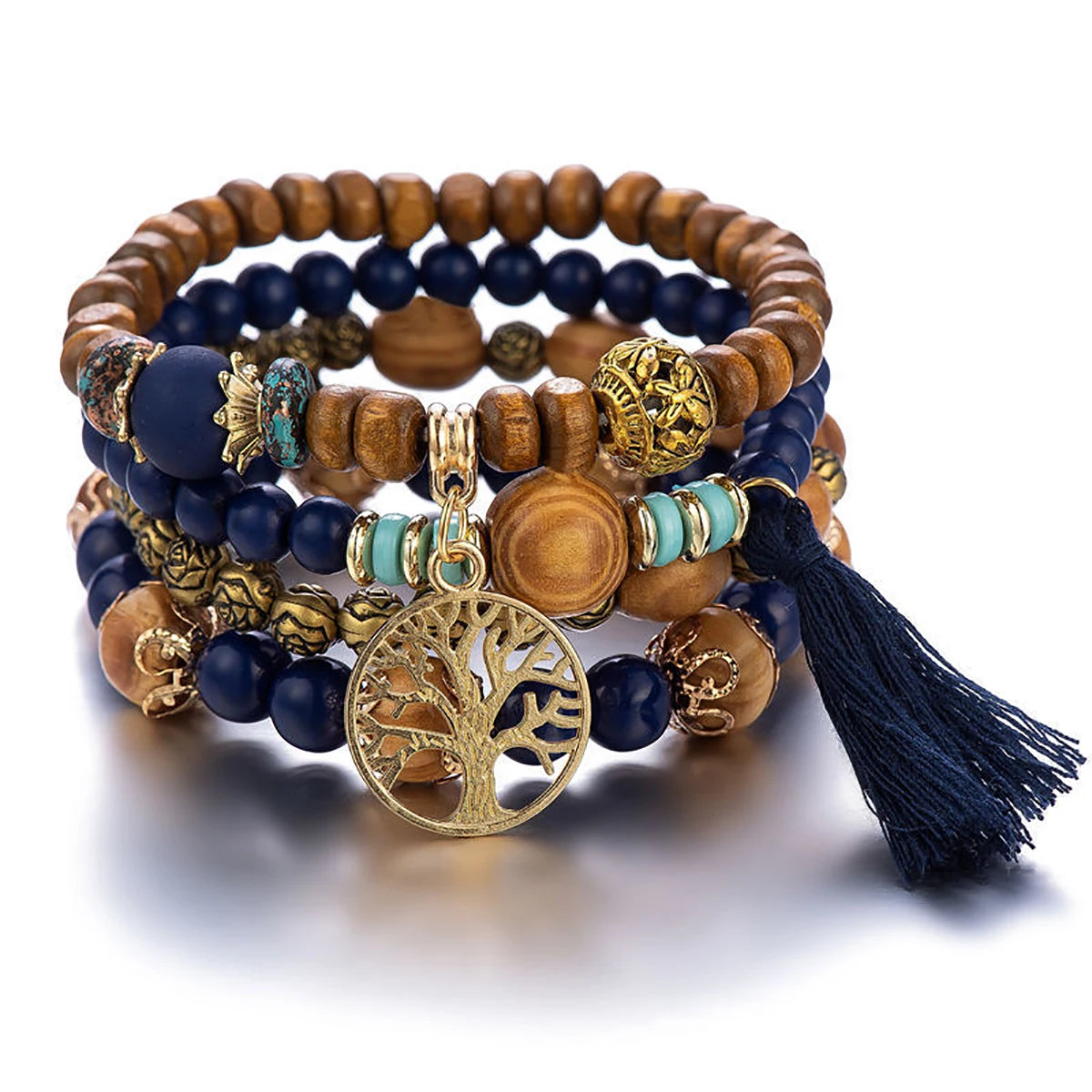 Bohemian Bracelet Creative Ladies Tree of Life Tassel Multi-layer Wooden Beaded Ethnic Style Fashion Women Bracelets Jewelry