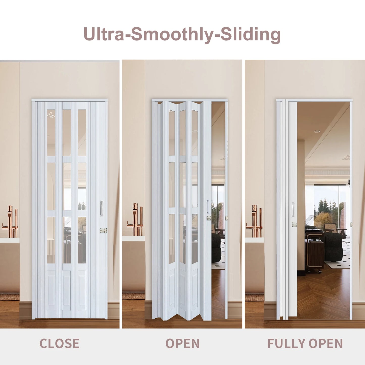 Accordion Door with Clear Panels, Interior Folding Door Includes Hardware and Lock, White Multifold Interior Doors