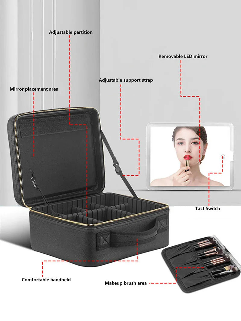 Smart LED Travel Makeup Case with Mirror Large Capacity Organizer for Women and Beauticians