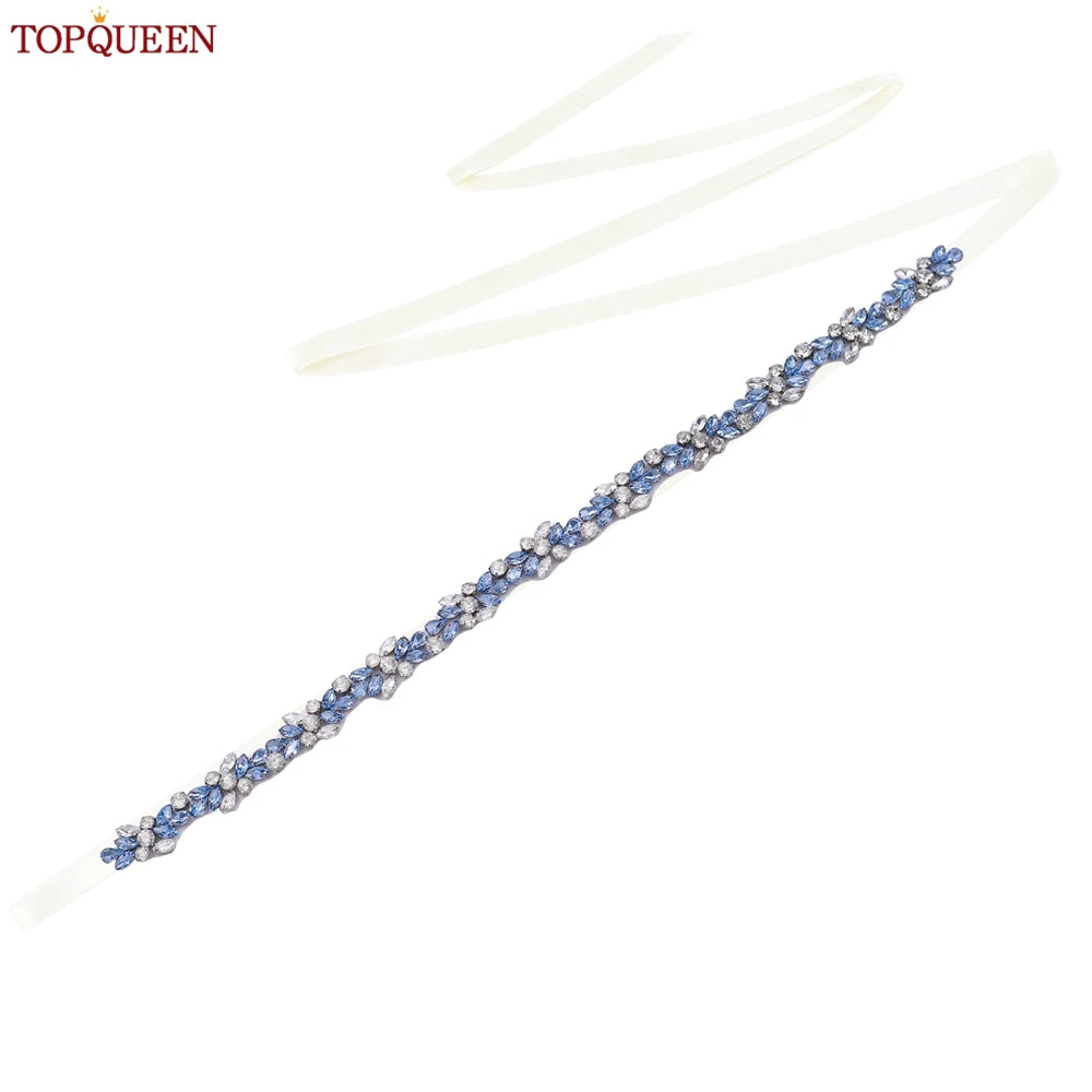 TOPQUEEN Long Thin Light Blue Rhinestone Belt Handmade Bridal Accessories Women's Versatile Dress Wedding Belt Tie Ribbon S437