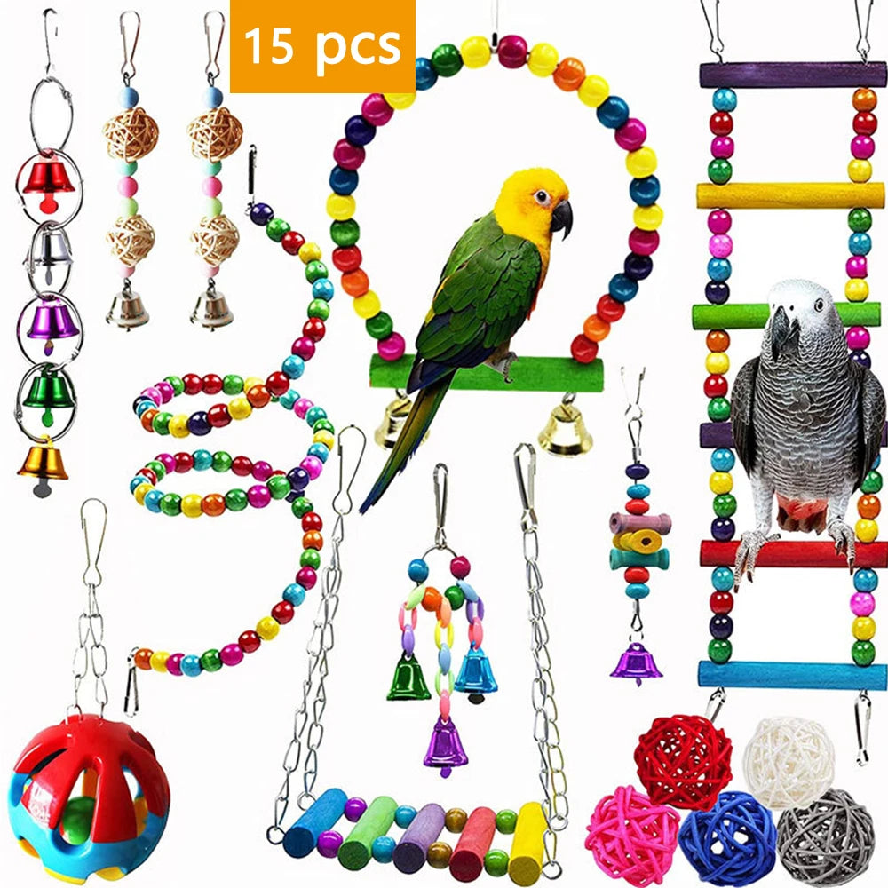 Combination Bird Toys Set Swing Chewing Training Toys Small Parrot Hanging Hammock Parrot Cage Bell Perch Toys with Ladder Toys