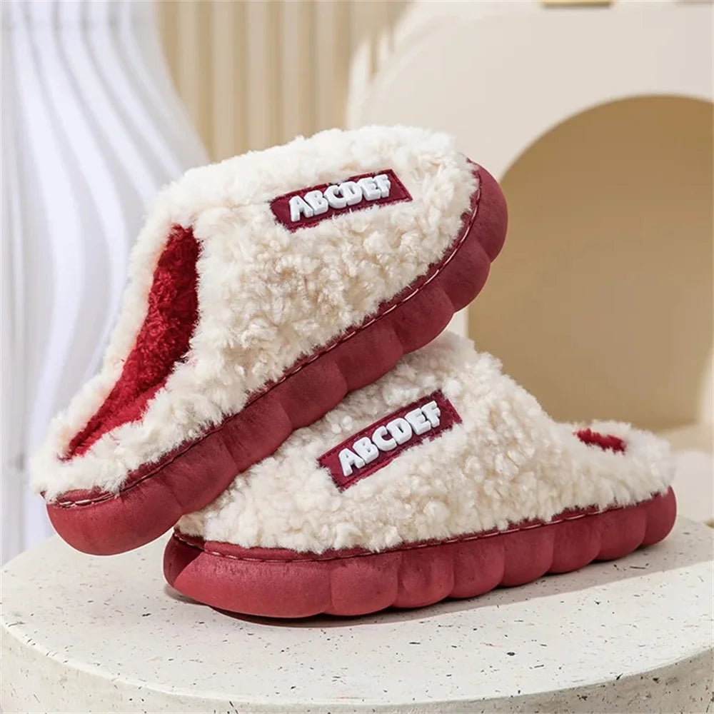 Women Winter Warm Home Slippers Thicken Indoor Boy Girl Floor Slides Plush High Heels Fur Cotton Shoes Ladies Couples Slipper