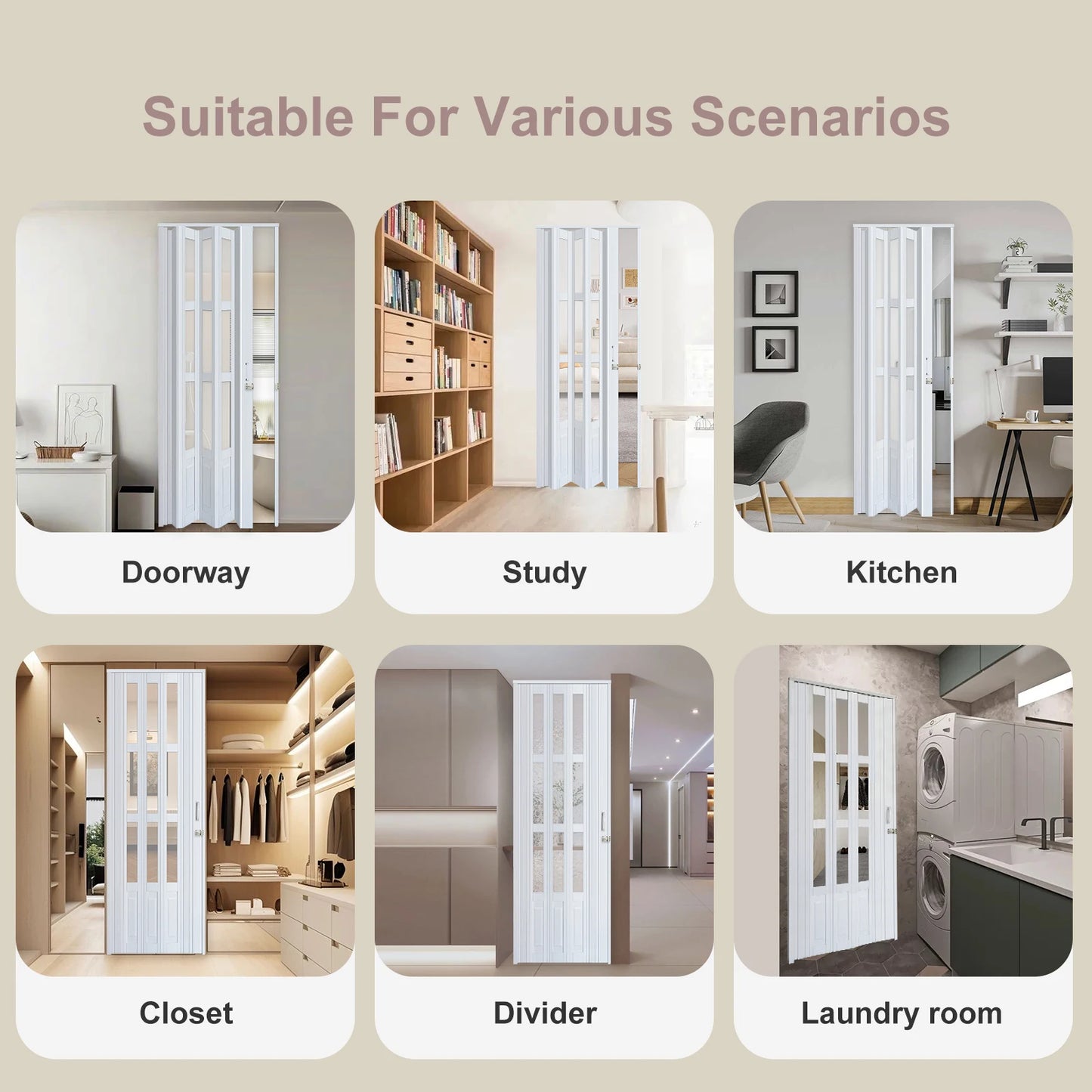 Accordion Door with Clear Panels, Interior Folding Door Includes Hardware and Lock, White Multifold Interior Doors