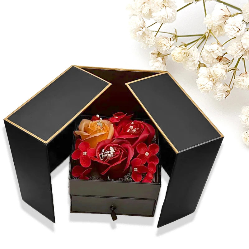 Rose Jewelry Gift Box Bow Packaging Luxury Double Door Drawer Necklace For Girlfriend Mom Simulation Flower Creative Romantic