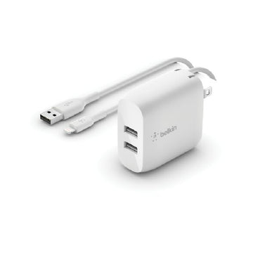Belkin BoostCharge 24W Dual USB-A Wall Charger with Lightning to USB-A Cable - White