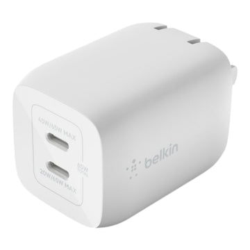 Belkin BoostCharge Pro 65W Dual USB-C GaN Wall Charger with USB-C to USB-C Cable - White
