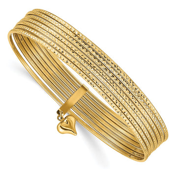14K Semanario Women's 8.5" Dangle Heart Textured Bangle Bracelet in 14K Yellow Gold
