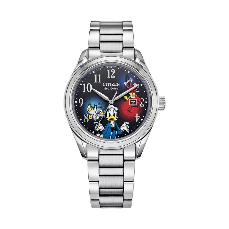 Citizen Eco-Drive Disney Feisty Donald Duck 90th Anniversary Unisex 40.2mm Bracelet Watch with Pin Box Set- Blue Dial