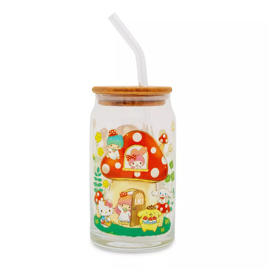 Sanrio Hello Kitty and Friends Mushroom 20 oz Glass Tumbler With Bamboo Lid and Straw - Multicolor
