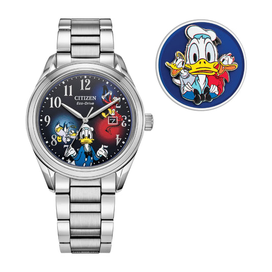 Citizen Eco-Drive Disney Feisty Donald Duck 90th Anniversary Unisex 40.2mm Bracelet Watch with Pin Box Set- Blue Dial