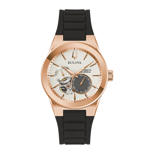 Bulova Latin Grammy Men's 38mm Black Strap Watch - Rose Gold-Tone/White Dial