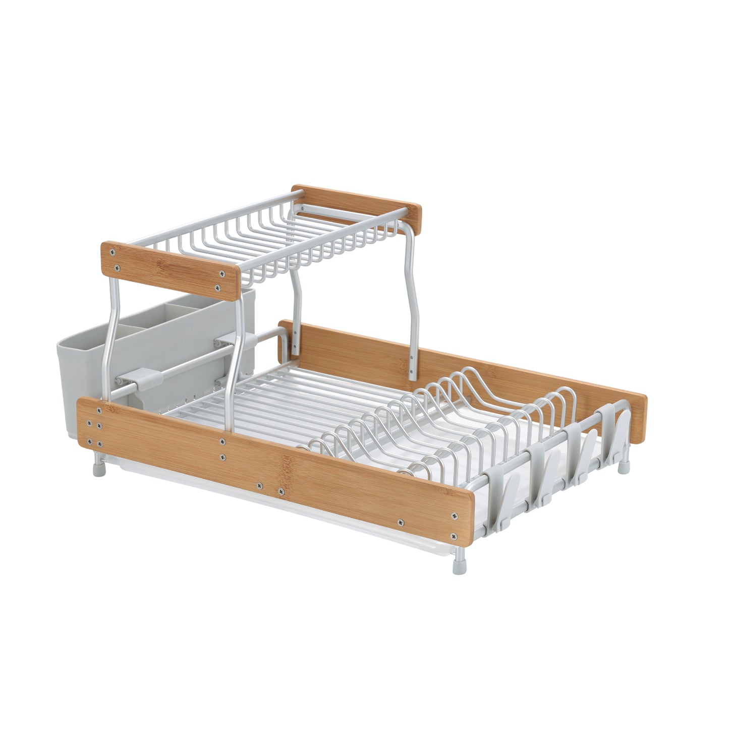 Appliance Basics 033 Aluminum Two-Tier Dish Drying Rack with Bamboo Frame