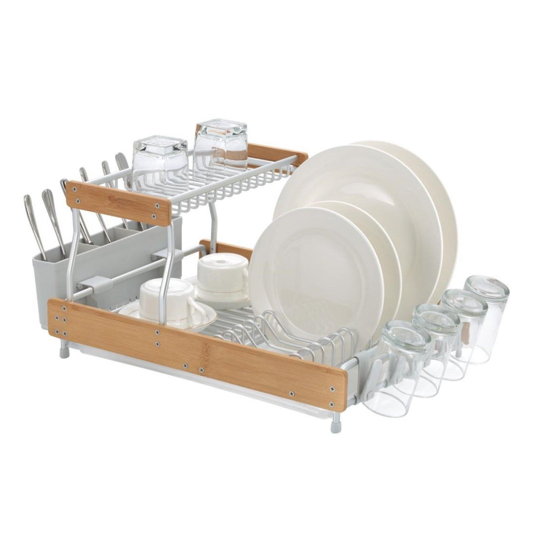 Appliance Basics 033 Aluminum Two-Tier Dish Drying Rack with Bamboo Frame