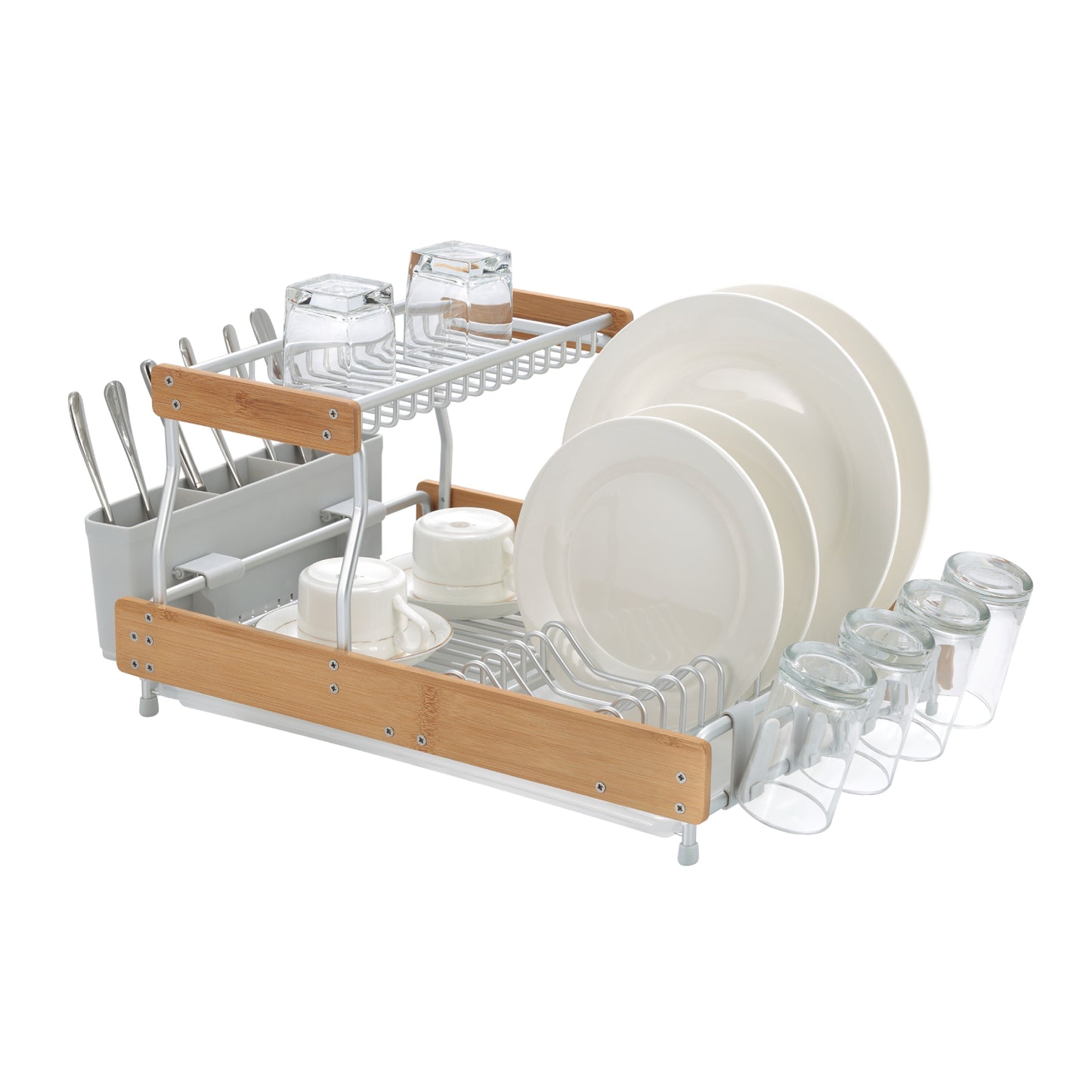Appliance Basics 033 Aluminum Two-Tier Dish Drying Rack with Bamboo Frame