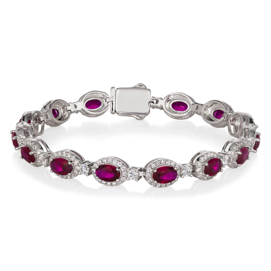 Anna Zuckerman Victoria 18 Women's 7.5" 8.75 ct. Diamond Crystalline and Ruby Gem Art Deco Bracelet in Platinum-Plating over 925 Sterling Silver