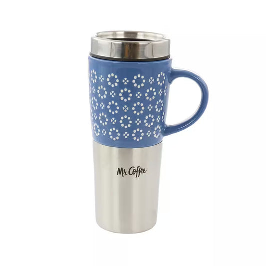Mr. Coffee 138970 Travertine 16 oz Travel Mug with Lid - Blue