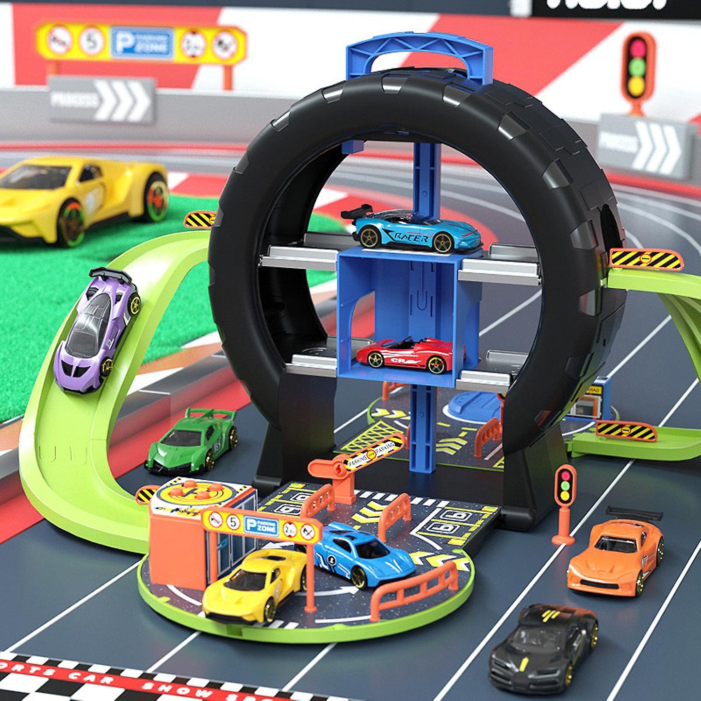 KNP Race Track Car Tire Parking Garage Playset