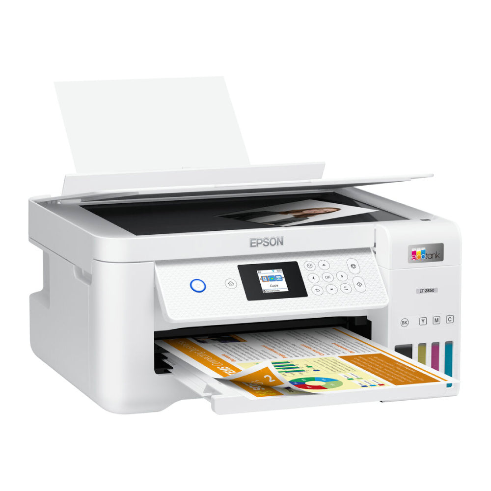 Impresora de inyección de tinta a color inalámbrica multifunción Epson EcoTank ET-2850 - Blanca 