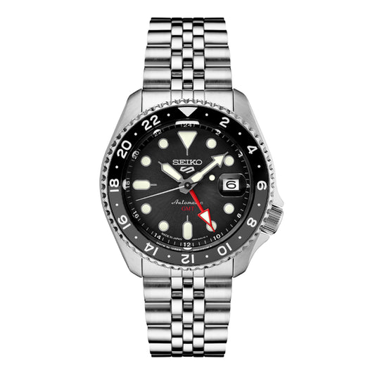 Seiko 5 Sports GMT Series Men's Silver-Tone Bracelet Watch - Black Dial