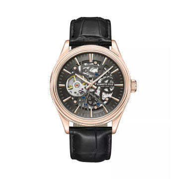 Kenneth Cole New York Mechanical Men's 42mm Black Strap Watch - Black/Rose Gold Dial