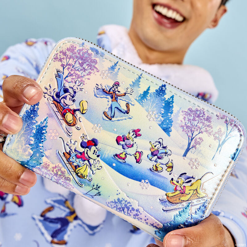 Loungefly Disney Mickey and Friends Winter Wonderland Scene Zip Wallet- Blue