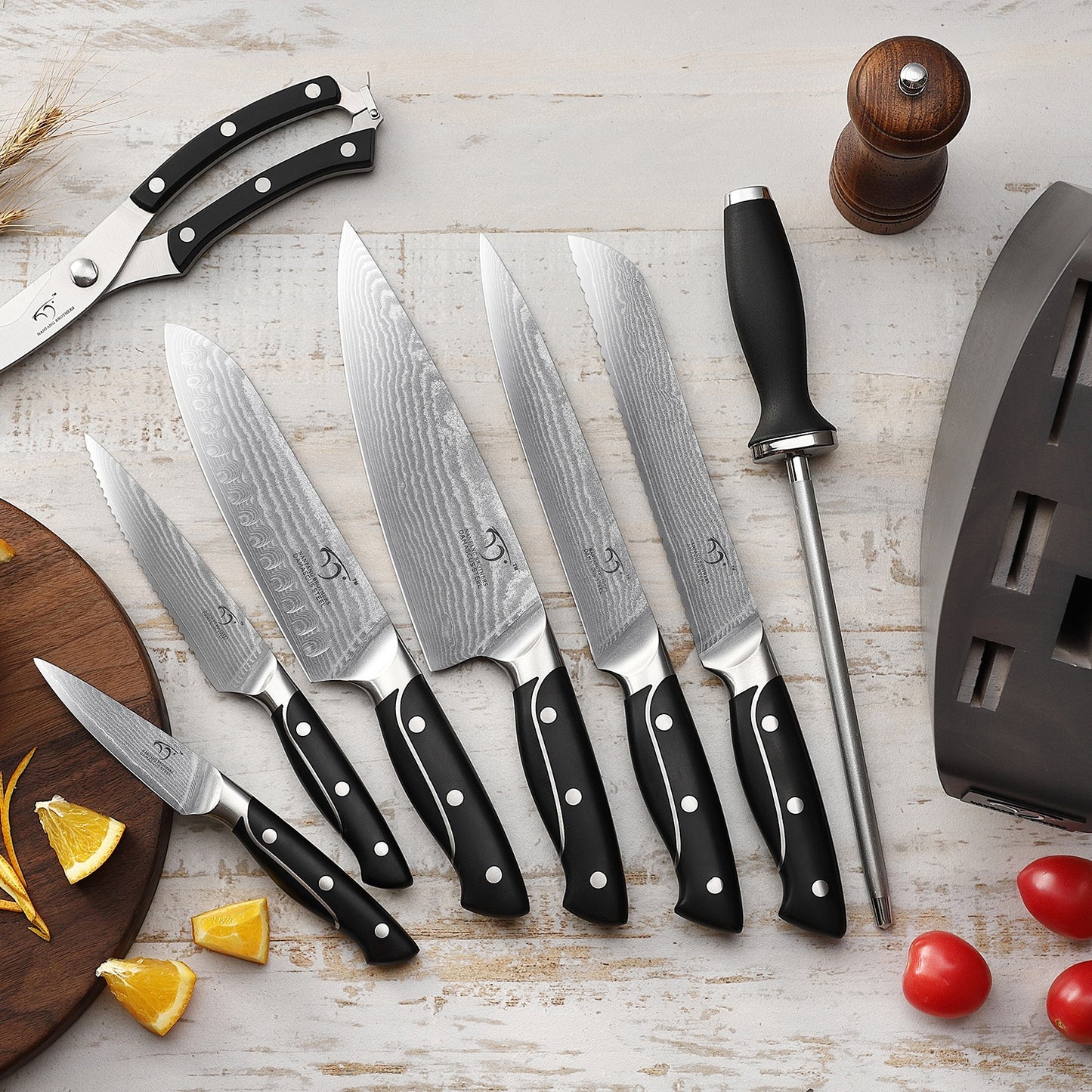 Toscana Damascus Kitchen Knife Set (9-Piece) - Grey